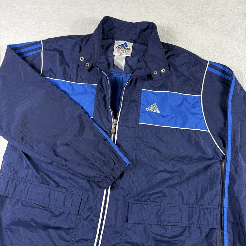 Adidas Windbreaker Vintage 90s Blue Zip Up Track Jacket Mens Large Soccer Hiking